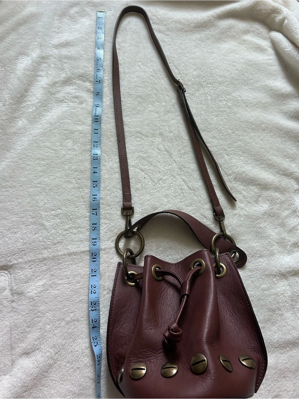 Stella Bianca Brown Italian Leather Brass Studded Drawcord Bucket Crossbody Bag